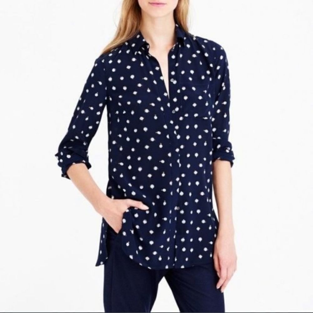 J CREW blouse navy blue clocks oversized silk top in tick tock 00‎